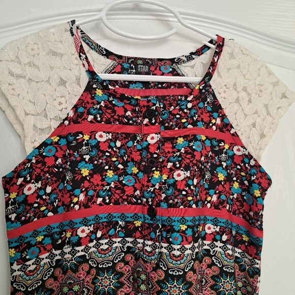 Star Ride Red Lace Romper Bohemian Paisley Floral Print - Picture 2 of 4